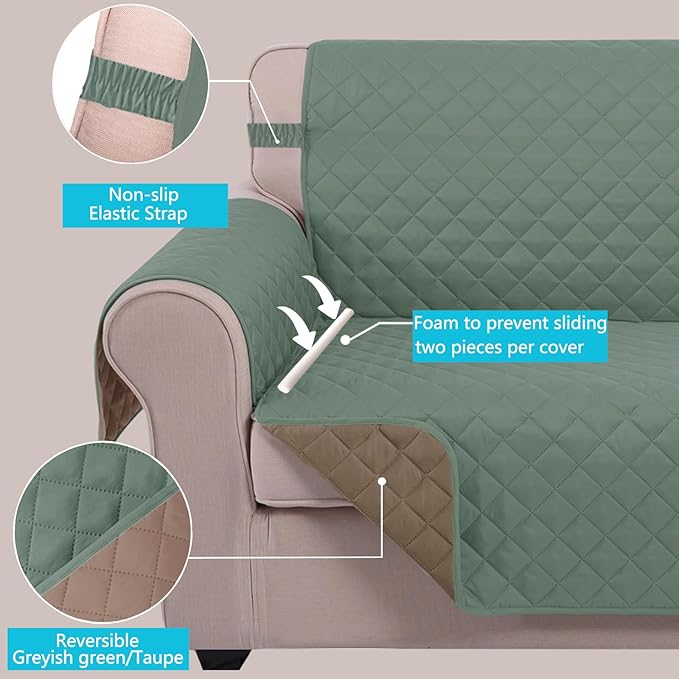 U-NICE HOME Recliner Chair Covers Reversible Chair Cover Pet Covers for Dogs with Elastic Straps Water Resistant Diamond Quilted (23''Armchair, Greyish Green/Taupe)