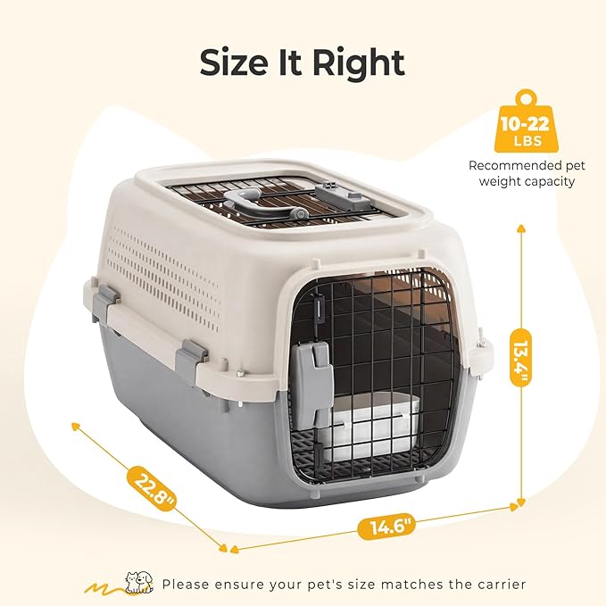 NEWBULIG 23" Hard-Sided Dog Carrier, Plastic Cat & Dog Crate, 4-Sided Ventilation Travel Pet Kennel, Top & Front Door Access, Integrated Food Bowl, for Small Pets up to 22 lbs, Beige & Grey