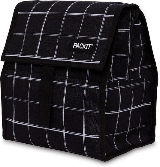 PackIt® Freezable Lunch Bag, Black Grid, Built with ECOFREEZE® Technology, Foldable, Reusable, Zip and Velcro Closure with Buckle Handle, Designed for Work Lunch and Fresh Lunch On the Go