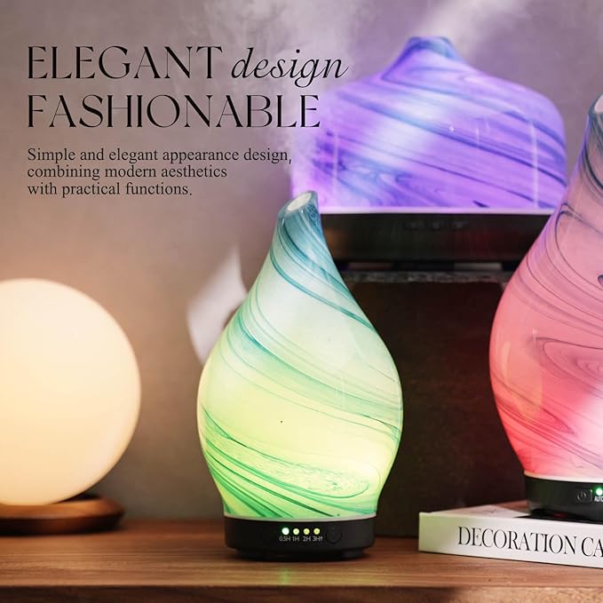 Porseme 150ml Essential Oil Diffuser Glass Color Changing Aroma Air Diffusers Aromatherapy Ultrasonic Cool Mist Humidifier 6 Running Hours Waterless Auto-Off for Sleeping Yoga Office Spa (Blue Ink)