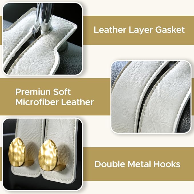 2PCS Leather Car Seat Hooks for Headrest, Vehicle Hanger Storage Organizer Universal for Handbag Purse, Car Accessories Gift (White-Gold)