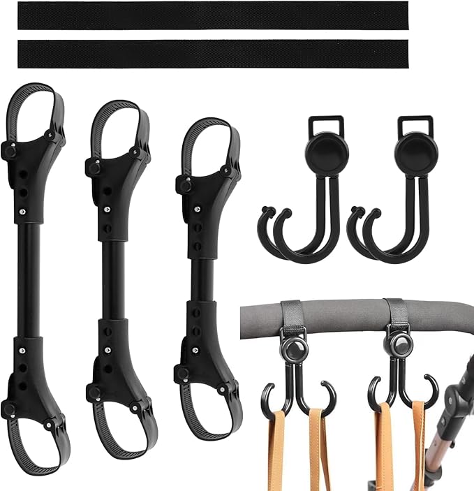 3pcs Stroller Connector with 2pcs Stroller Hook, Connector for Toddlers, Quick Release Adjustable Length with Hook Stroller Connector Set Twins(Black)