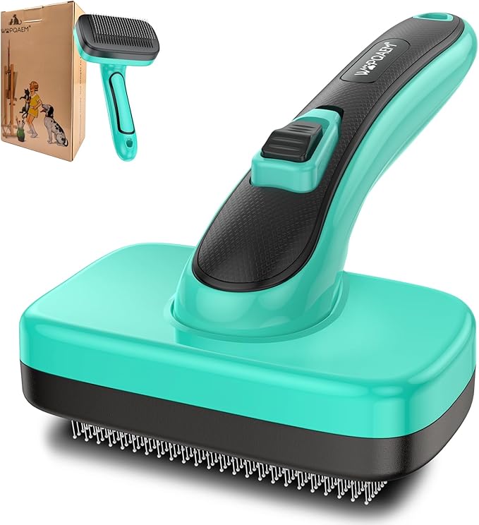Self Cleaning Slicker Brush for Dog and Cat - Skin Friendly Shedding & Grooming Tool for Long and Short Haired Pets,Easy Clean Retractable Bristles,Green