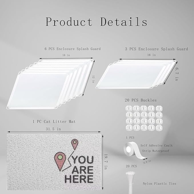 Cat Litter Box Enclosure Splash Guard,DIY Large Pet Litter Box Shields for Open Top Litter Pan.Small Animal Pen for Hamsters, Guinea Pig (Include Litter Mat White, Large L31''W19''H16'' 9 PCS)