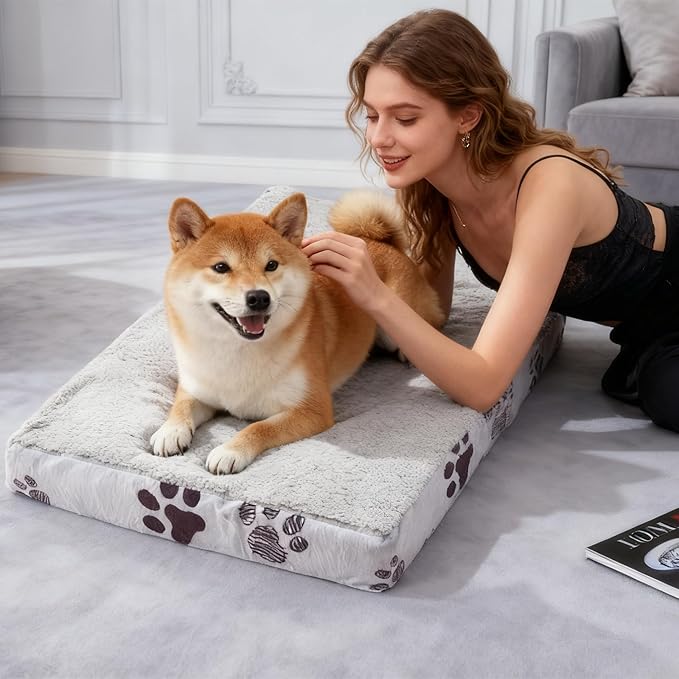 Waterproof Orthopedic Dog Bed for Large Medium Sized Dogs 35x22 Inch - Egg Crate Foam Pet Crate Bed with Removable Washable Cover, Plush Top Anti-Slip Bed Mat, Light Grey