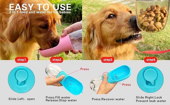 AVELORA Dog Water Bottle,Portable pet Water Bottle with Food Container,Outdoor Portable Water Dispenser for Cat,Rabbit,Puppy and Other Pets for Walking,Hiking,Travel(19oz)
