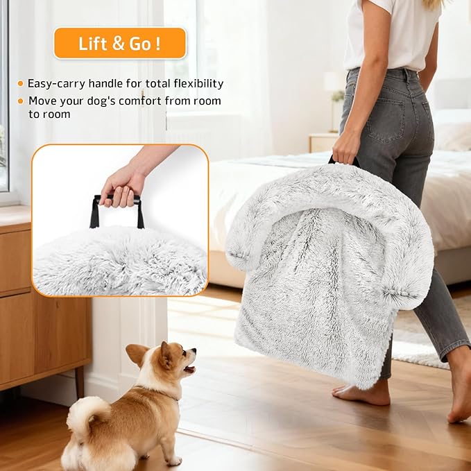 Calming Dog Bed Fluffy Plush Dog Mat for Furniture Protector with Removable Washable Cover for Large Medium Small Dogs and Cats (Small(35x31x5), Light Grey)