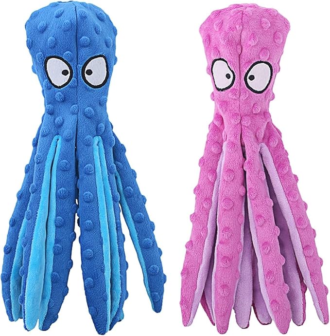 Octopus Dog Toys (2 Pack) – Squeaky & Crinkle No-Stuffing Plush Chew Toys for Puppies and Dogs, Durable Teething Toy for Small, Medium & Large Breeds, Soft Tug & Fetch Dog Toy