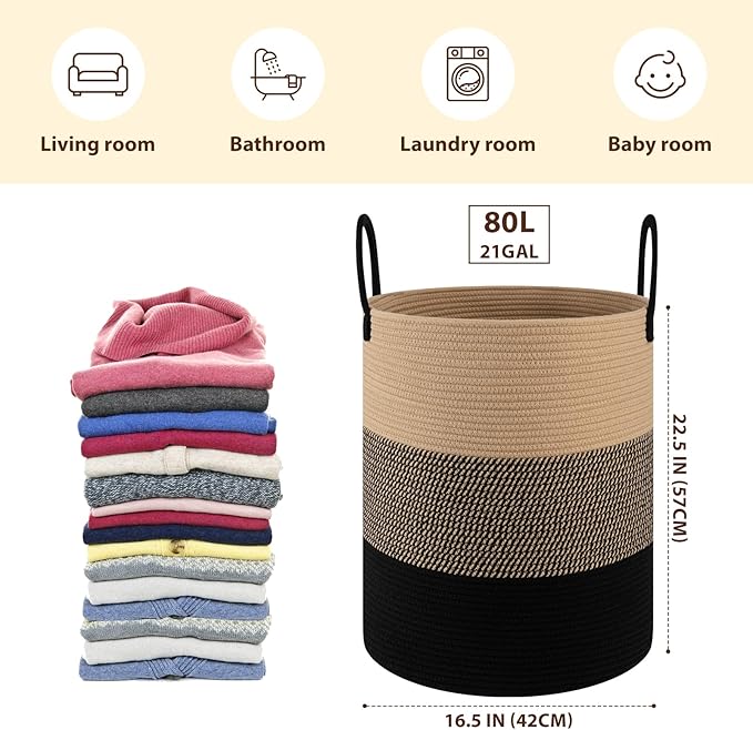OIAHOMY Large Laundry Basket Hamper - 80L Cotton Rope Woven Basket for Blankets, Toys, Clothes - Tall Decorative Nursery Hamper with Long Handles, Yellow/Black