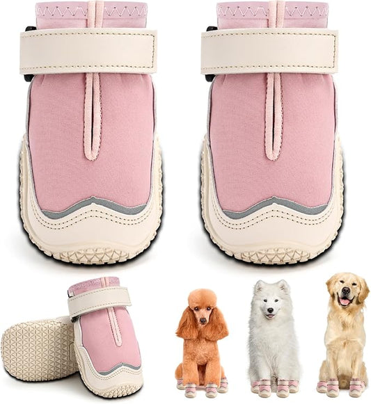 Hcpet Dog Boots for Large Dogs, Dog Shoes for Hot Pavement Winter Snow, Paw Protector Dog Booties Designed for Comfort and Breathability, Outdoor Booties for Small Medium Dogs for Hiking Pink Size 1