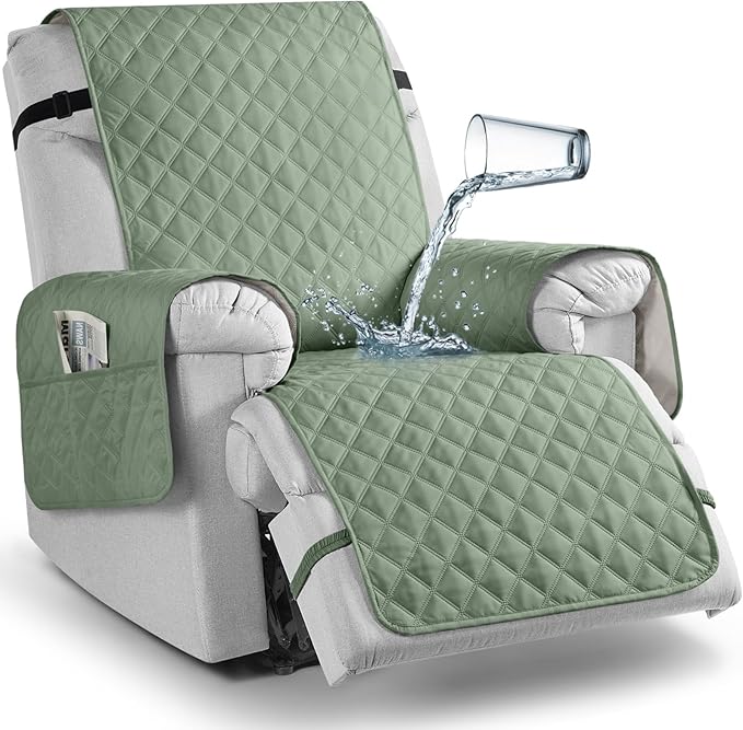 TAOCOCO 100% Waterproof Recliner Chair Cover Non-Slip Reclining Cover for Recliner Chair Washable Chair Seat Cover with Elastic Straps for Pets Sofa Slipcover with Pocket (Small 23'', Sage Green)