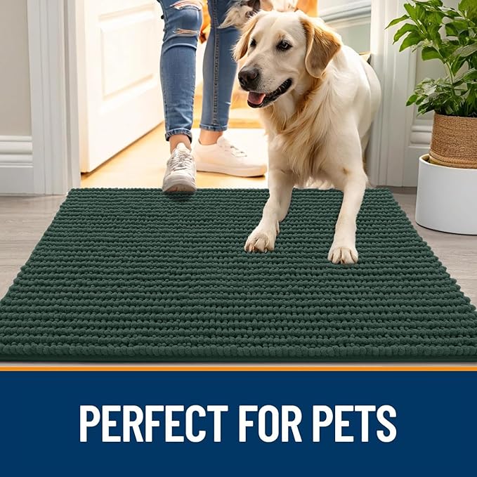 OLANLY Dog Door Mat for Muddy Paws 34x21, Ultra Absorbent Chenille Mud Doormat, Non-Slip Washable and Dirt Trapping Doormat for Indoor Entryway, Quick-Dry Indoor Pet Bed Mats for Dogs, Blackish Green