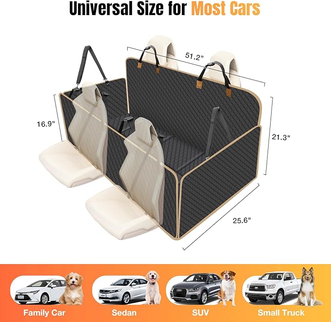 Dog Car Seat Cover for Back Seat, Hard Bottom Back Seat Extender for Dogs Holds 400lbs, Easy to Clean, Waterproof Scratch Proof Nonslip Dog Hammock for Cars SUV Truck, Black Color