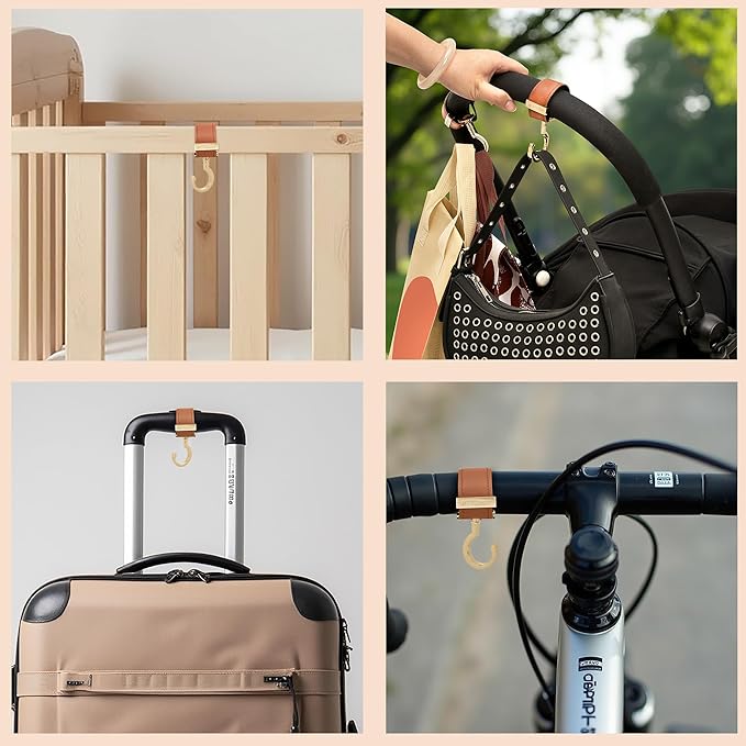 2 Pack Stroller Hooks,Strong Synthetic Leather Hook-and-Loop Fastener&High-Quality Metal Hooks,Universal Bag Clip|360° Rotation, 66lb Capacity,Non-Slip-Fits Wheelchair(Black-Rose Gold)