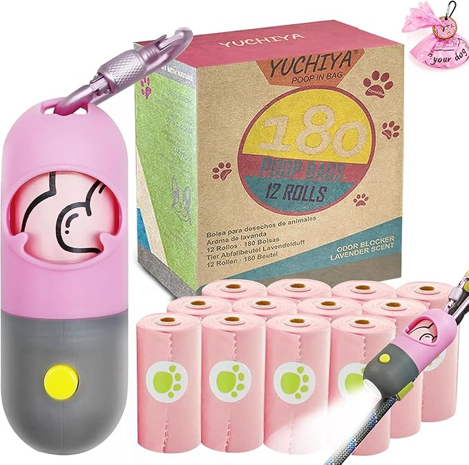 Dog Waste Bags Holder with LED Flashlight Doggie Poop Bags Dispenser with 13 Rolls Leak-Proof Pet Trash Bags Rechargable USB Cable(Pink)