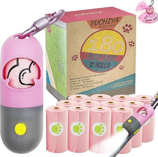 Dog Waste Bags Holder with LED Flashlight Doggie Poop Bags Dispenser with 13 Rolls Leak-Proof Pet Trash Bags Rechargable USB Cable(Pink)