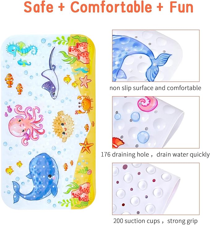 Bath Mat for Tub Non Slip, Machine Washable Anti-Slip Cartoon Baby Bathtub Shower Mat with Drain Holes and Suction Cups for Toddler & Kids, 27.5 Inch x 15 Inch-Rectangular, Pink Octopus
