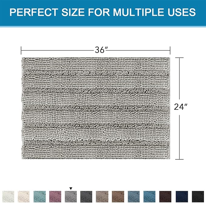 H.VERSAILTEX Bath Mats for Bathroom Non Slip Extra Thick Chenille Striped Bath Rug 24" x 36" Absorbent Non Skid Fluffy Soft Shaggy Rugs Washable Dry Fast Plush Mats for Indoor, Bath Room, Tub - Dove