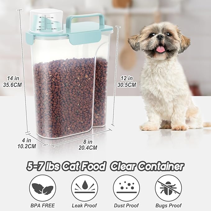 LEAWALK 5-7LBS Dog Cat Storage Container Portable with Upgraded Large Spout and Cup, Plastic Pet Food Dispenser for Small Animal Kibble, Bird Seed, Oatmeal, Rice, Flour, Brown Sugart-2 Pack Sky Blue