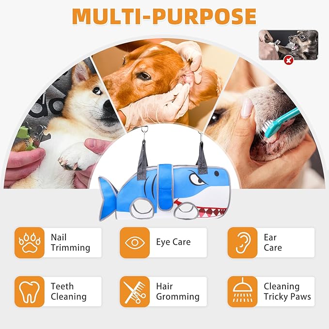 Dog Grooming Hammock for Small Dogs Cats, Cute Shark Design Dog Hanging Harness for Nail Trimming/Clipping, Pet Sling with Grooming Kit and Thick Neck Support & Strap Restraint Claw Care, S