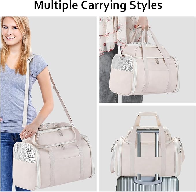 Bosnanller Premium Leather Top Expandable Pet Carrier for Small Dogs & Cats Under 15 lbs, Airline Approved Collapsible Soft-Sided Luxury Travel Bag Beige