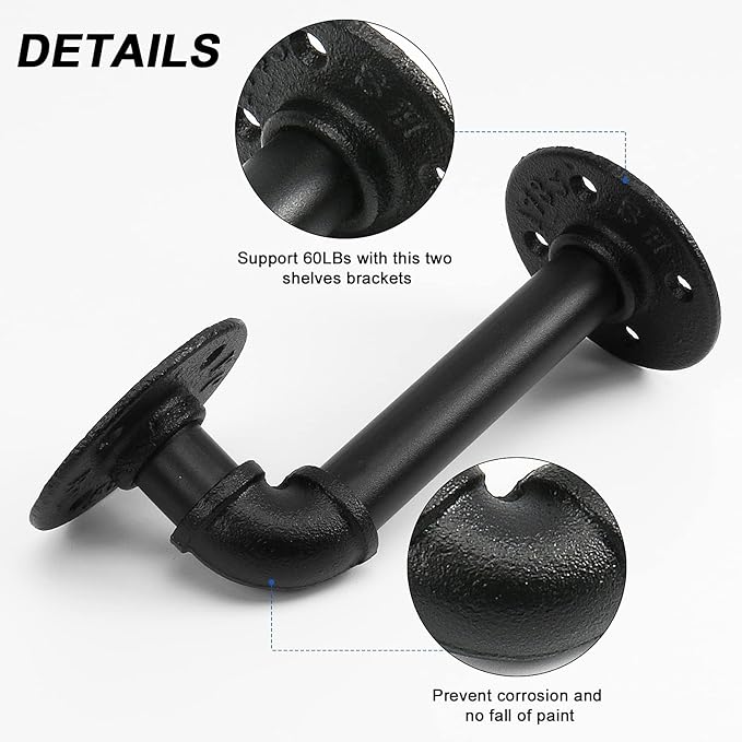 NearMoon Industrial Pipe Iron Shelf Brackets-Wall Mounted DIY Rustic Pipe Metal Brace Brackets, Vintage Farmhouse Décor Hardware Shelving Brackets for Floating Shelves, Black, 4 Pack
