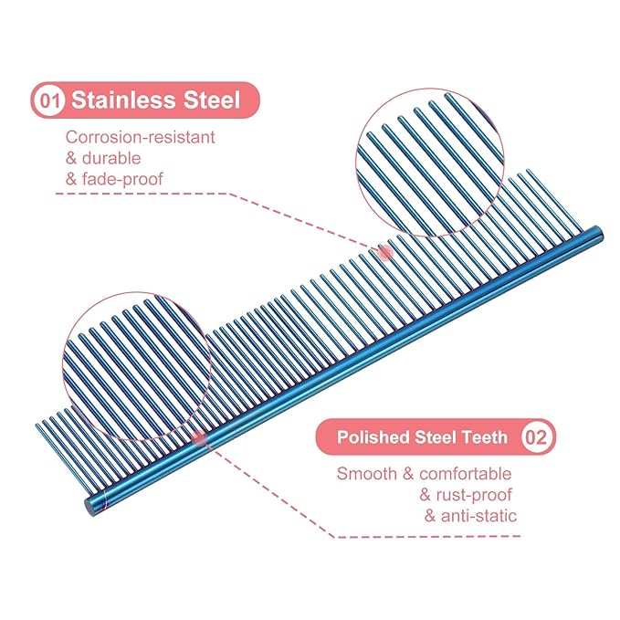 PETAXCELL Dog Cat Comb, Pet Combs Stainless Steel Teeth with Rounded Ends for Knots Mats Loose Hair Removal, 6.5/7.5IN (Blue Plated, 2 Pack), Grooming Tool Intended for Long Curly Hair Pet
