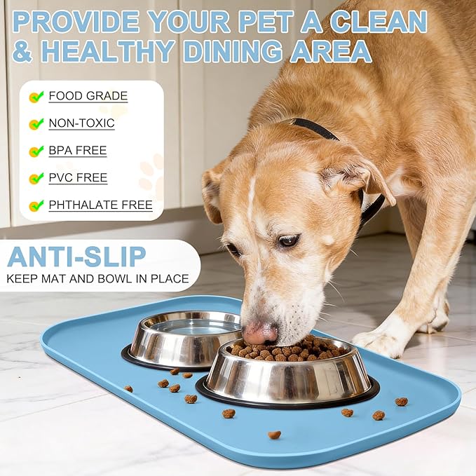Silicone Pet Food Mat with Raised Edge for Food and Water Bowl, Dog Feeding Mats, Cat Food Trays for Floor Waterproof, Rubber Tray for Dogs and Cats, 19 x 12 x 0.7 Light Blue