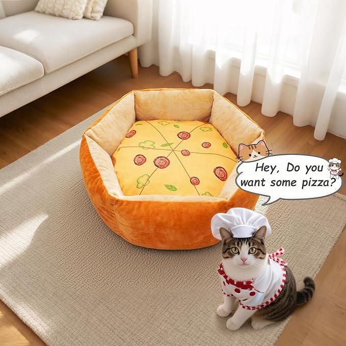 Cute Cat Beds Kitten Beds with Catnip Toys, Soft Small Dog Beds, Washable Pet Beds for Puppy and Kitty, Funny Pizza Shape, 20 Inch
