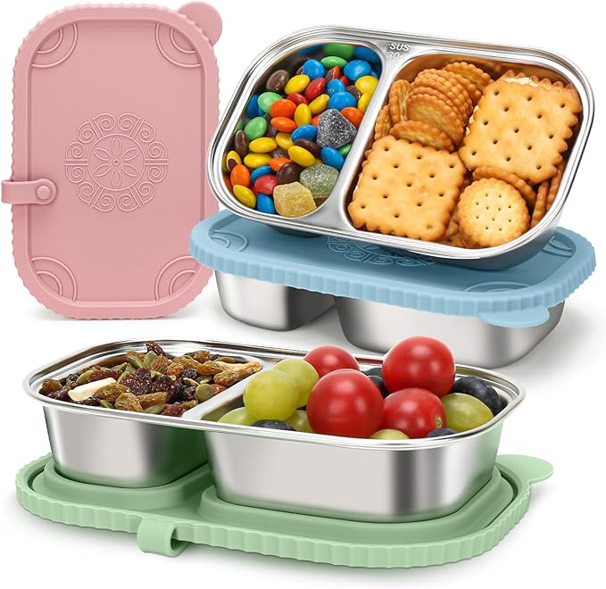 3 Pack Stainless Steel Snack Containers, 2 Compartment Snack Containers with Leakproof Silicone Lids,Divided Meal Prep Lunch Box Food Container for Travel, Outdoor, Camping.（15.84 OZ）