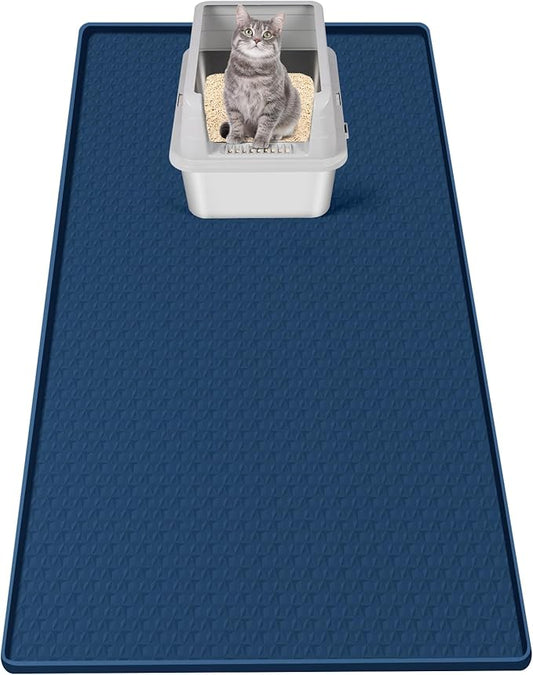 Bartuke Cat Litter Mat, Extra Large 51" x 25.6" Silicone Mat Litter Trapping Mat for Scatter Control, Soft on Kitty Paws, Easy to Clean (Navy Blue)