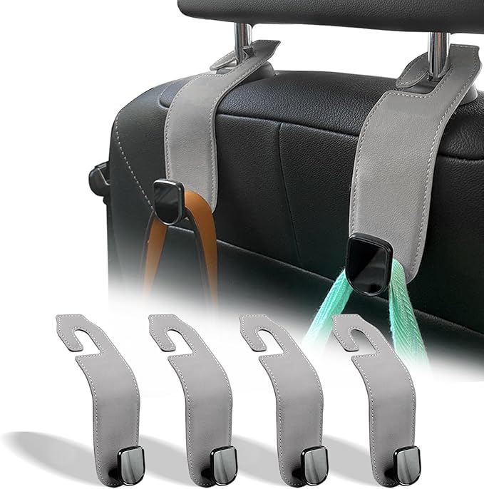 Teoenix Car Seat Headrest Hook, 4 Pack Leather Car Purses and Bags Hooks Holder Hanger for Groceries Organization Accessories, Gray