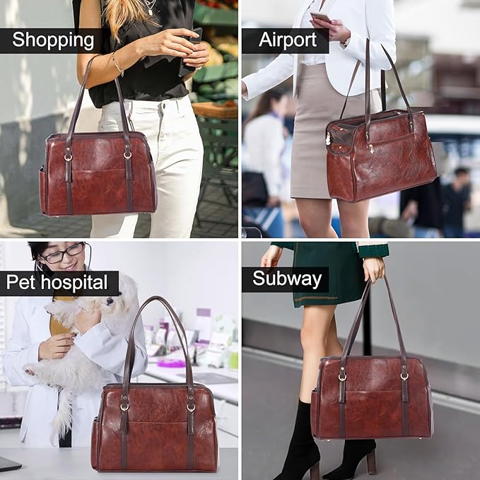 Lasaviin Dog Carrier Purse, Fashion Leather Pet Carrier with Pockets, Airline Approved Soft Sided Dog Carrying Bag for Puppy Cat Dog Coffee