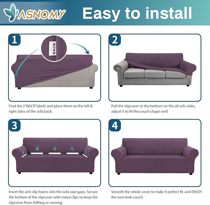 Asnomy Sofa Covers for 2 Cushion Couch Stretch loveseat Covers Slipcovers, Pet Protector Furniture Covers for Dogs Cats Spandex Jacquard Fabric Small Checks （Medium，Gray Purple）