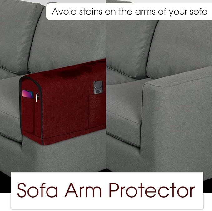 Joywell Linen Armchair Covers for Living Room Anti-Slip Sofa Arm Protector for Dogs, Cats, Pets Armchair Slipcover for Recliner with 4 Pockets for TV Remote Control, Phone, Set of 2, Burgundy