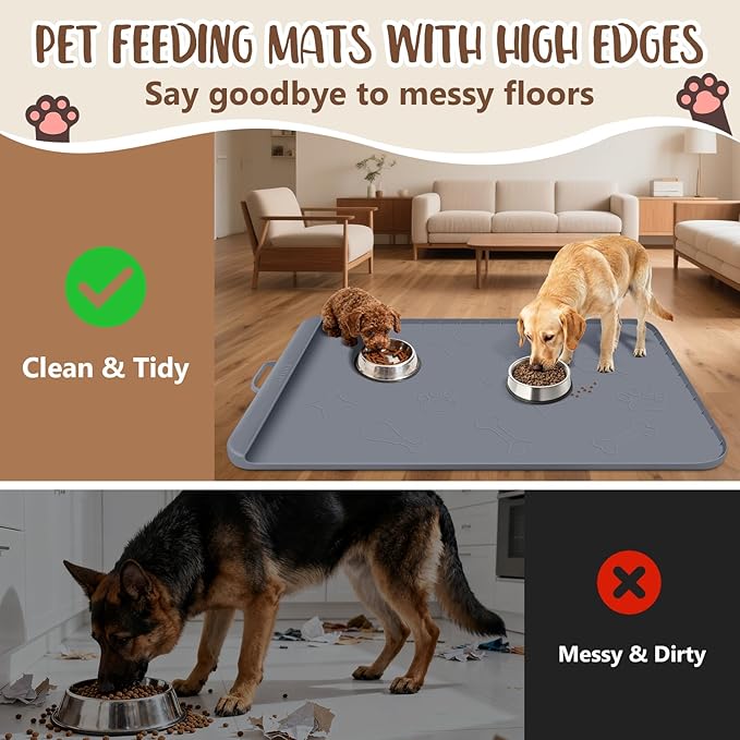 Dog Food Mat with Collection Pocket, 42''x28'' Extra Large Silicone Pet Feeding Mat for Food and Water, Waterproof Anti-Slip Dog Mat with Edge and Handle, Pet Placement for Floor (Dark Grey)