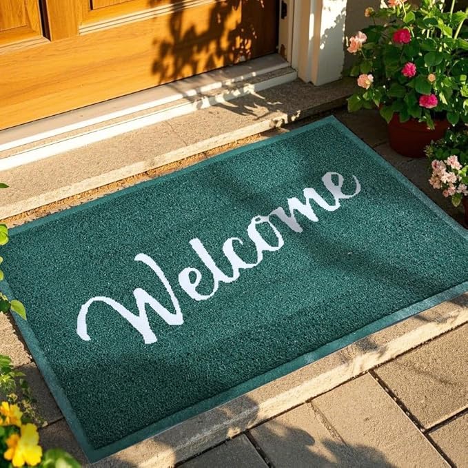 T.HENV Welcome Mat Outdoor Indoor, 32x20 100% Waterproof Front Door Mat Outside Entrance, All-Weather Quick Dry Doormat, Low Profile Patio Proch Entryway Mat, Non Slip, Easy Clean, Green-White