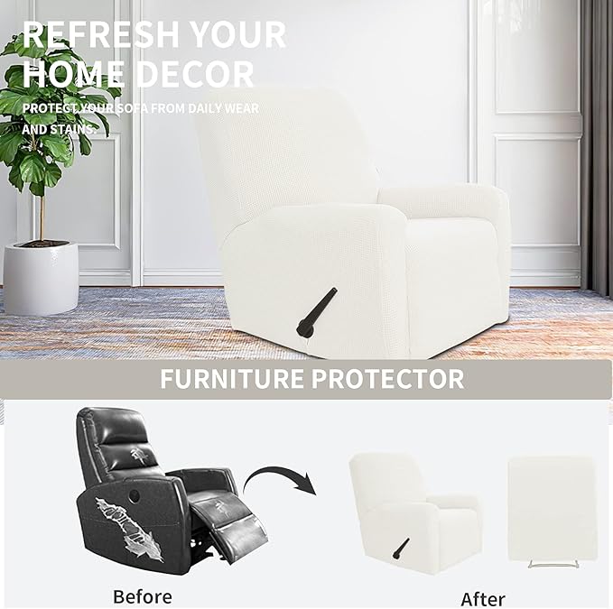 Easy-Going 4 Pieces Oversized Recliner Stretch Sofa Slipcover Sofa Cover Furniture Protector Couch Soft with Elastic Bottom, Polyester Spandex Jacquard Fabric Small Checks Cream,X-Large