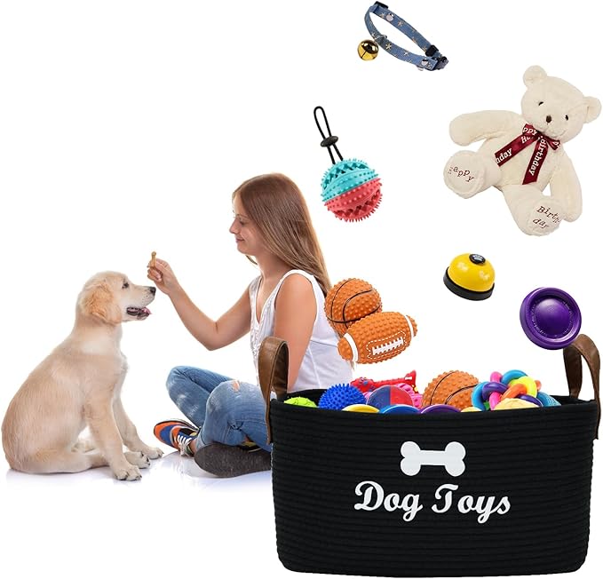 Large Cotton Rope Dog Toy Basket Storage,16.5"x10.6"x 7.5" Dog Toy bin,Puppy toy basket,-Perfect for organizing pet toys,blankets,leashes,pee- mats and diapers-Black