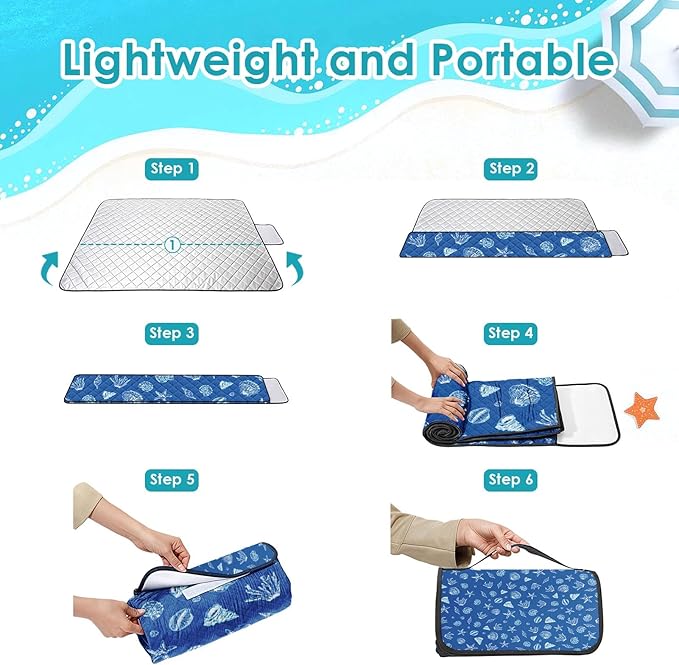Waterproof Picnic Outdoor Blanket, 79" x 59" Sandproof Foldable Large Picnic Blanket for Beach, Camping, Park, Travel, Concert, Great Gift for Families and Couples (Blue Sea Shells)