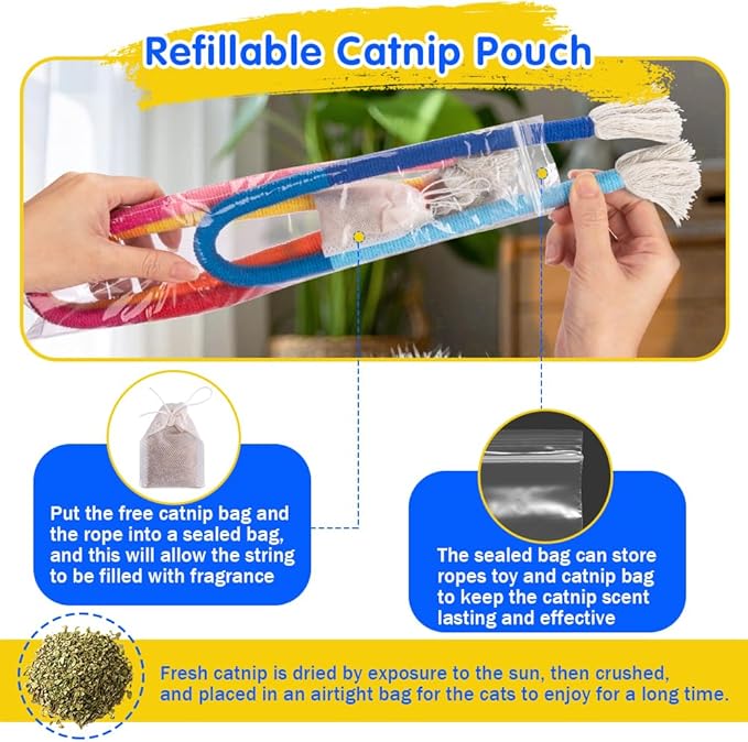 Retro Shaw Cat Chew Ropes with Natural Catnip, 23.6 Inches Safe Teeth Cleaning Cat Toys for Indoor Kittens, Interactive Kitty Kicker Nip String Toys 3 Pack