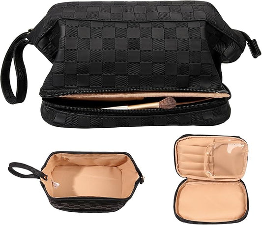 Abiudeng Large Capacity Makeup Bag Ladies Cosmetic Bag Travel Bag with Compartments Portable PU Leather Travel Makeup Bag with Handle