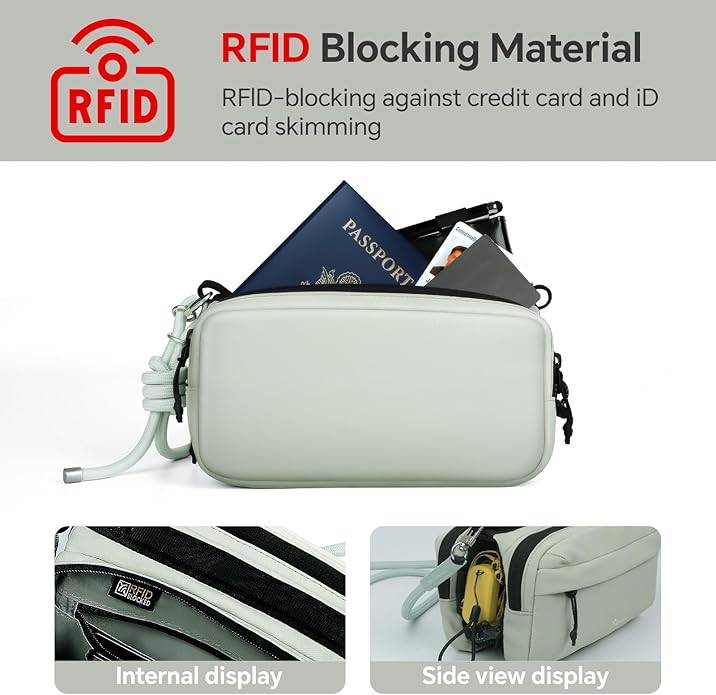 Small Crossbody Travel Bag for Women, Water-Resistant Nylon, RFID Blocking, Organizer with Bottle Slot, Adjustable Rope Strap