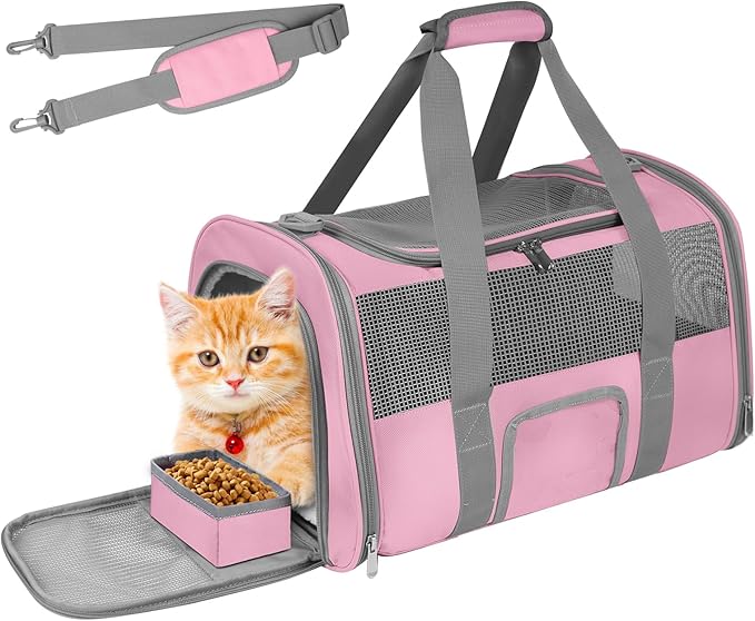 Soft-Sided Cat Carrier for Pets Up to 15lbs, Airline Approved Under-Seat Travel Carrier, 17 Inch TSA Approved with Collapsible Bowl, Breathable Mesh & Removable Pad, Pink-Grey