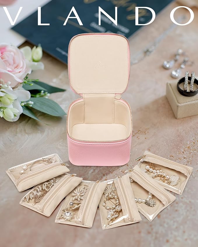 Vlando Jewelry Travel Case,Travel Jewelry Organizer with Clear Velvet Jewelry Bags 6Pcs Zipper Pouch for Women Girl Traveler Gift-Strawberry Pink
