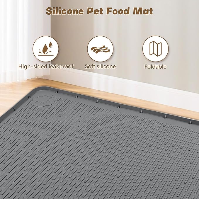 Bartuke Cat Food Mat, 40" x 28" Extra Large Silicone Pet Feeding Mat with Raised Edge Pet Placemat for Food and Water Bowl Non-Slip, Easy to Clean, Floor Protection (Dark Grey)