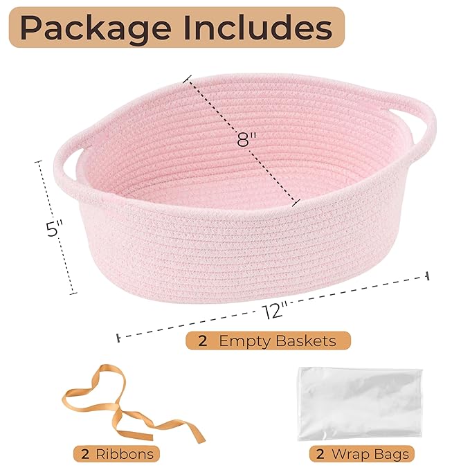 Small Woven Gift Basket Empty with Bag & Ribbon - Gifts for Mom, Baby Shower, Birthdays & Raffle - Cotton Rope Storage Basket for Dog Toys or Shelf - 12"x8"x5", Pink, 2 Packs
