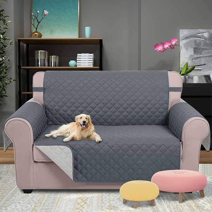 U-NICE HOME Loveseat Sofa Cover Reversible Couch Covers for 2 Cushion Couch for Dogs Furniture Protector Cover with Elastic Straps Water Resistant(Loveseat Small, Dark Blue/Light Grey)