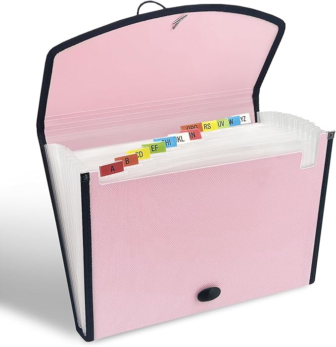H4D 13-Pocket Accordion File Organizer with Mesh Pocket, Expanding File Folder with Tabs, Expandable Document Organizer for Home Office School, Letter Size, Light Pink