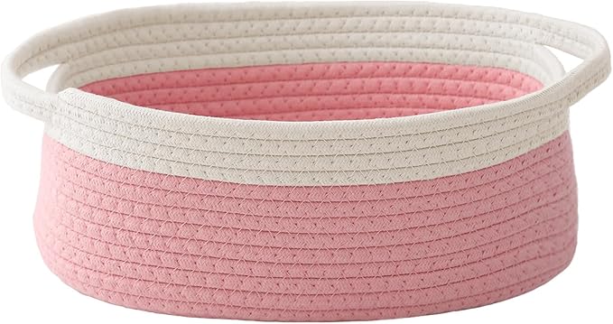 JMvicyroam Woven Basket,Small Rope Storage Bin with Handles & Ribbon Bag, Organizer for Shelves Closets,Gift Basket Empty for Birthday,Books,Dog Toys, White&Pink